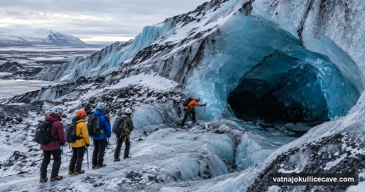 A small group in helmets and crampons on the ice near the entrance of a glacier cave, overcast winter light