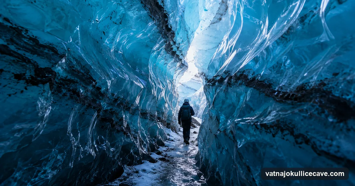 A visitor in a helmet walking through a narrow passage of deep blue ice