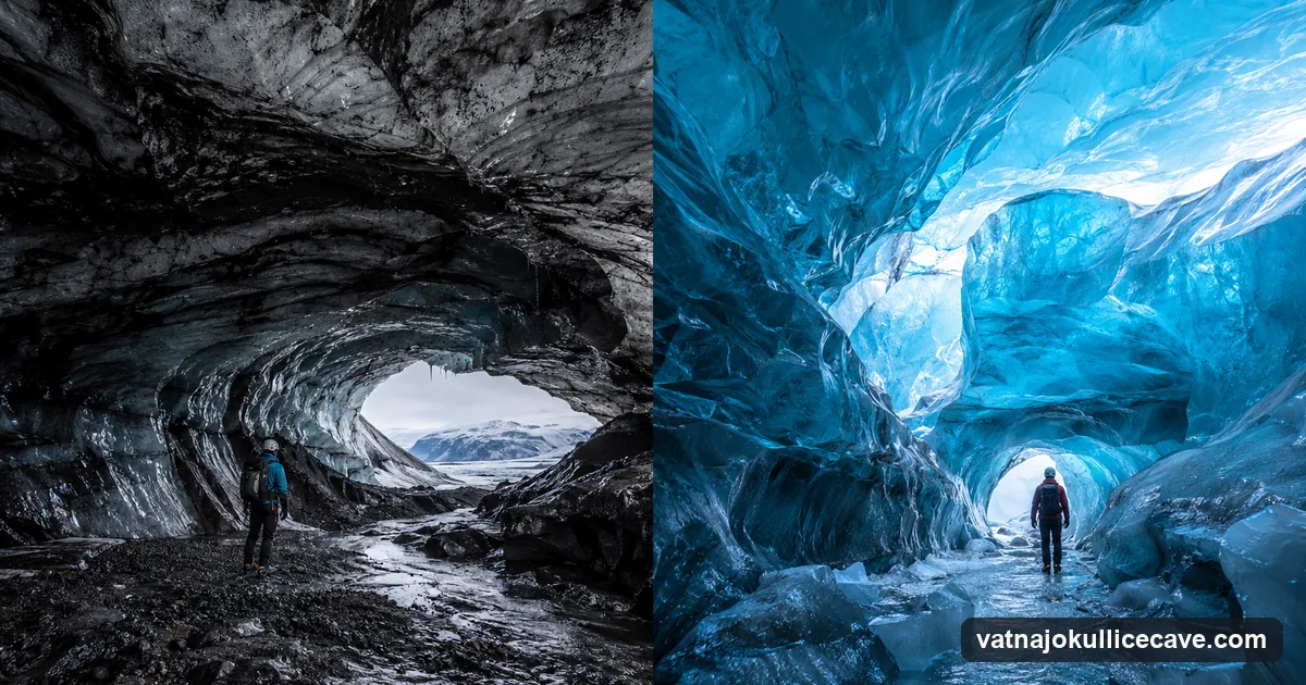 Two ice caves side by side, dark ash-covered ice on the left and translucent blue ice on the right, a visitor in each