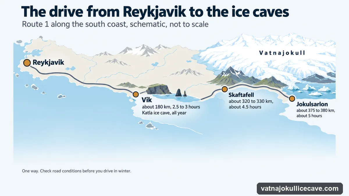 Schematic route infographic of the drive from Reykjavik along Route 1: Vik about 180 km, Skaftafell about 320 to 330 km and Jokulsarlon about 375 to 380 km, roughly five hours one way