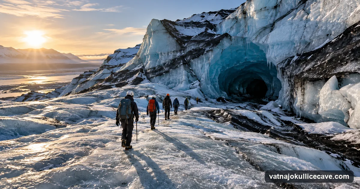 A line of people in helmets walking across black-banded glacier ice towards a cave opening under a low winter sun